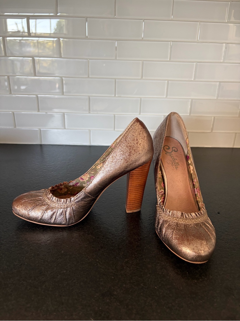 Seychelles Metallic Rose Pumps with Stacked Wood Heel